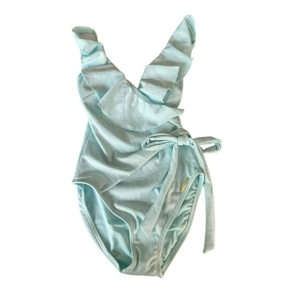 Vince Camuto $122 Faux Wrap Blue Ruffle One Piece Swimsuit Bathing Suit NWT - Picture 2 of 4